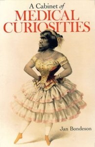 a cabinet of medical curiosities book cover, bearded lady in a pretty dress
