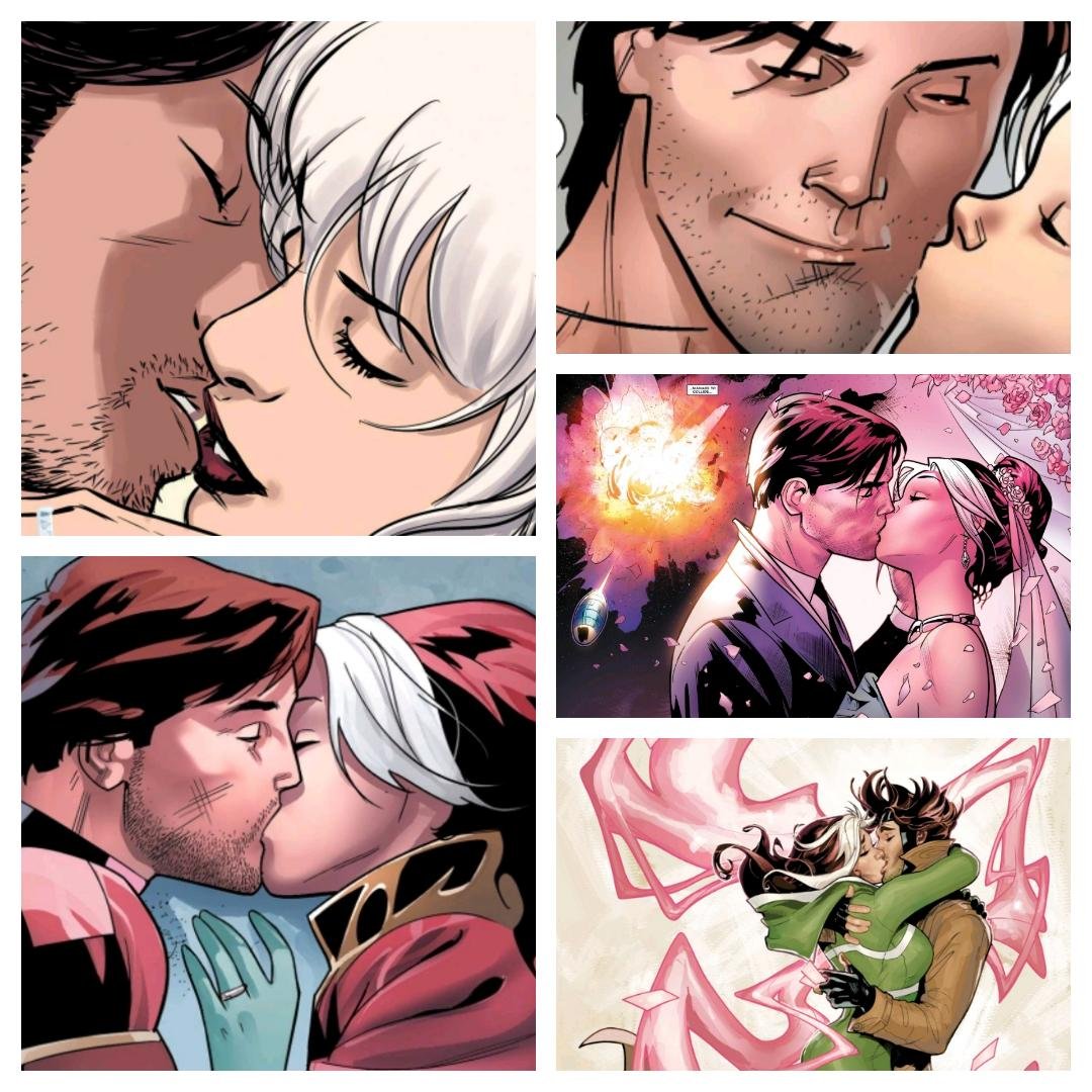 collage of gambit and rogue kissing