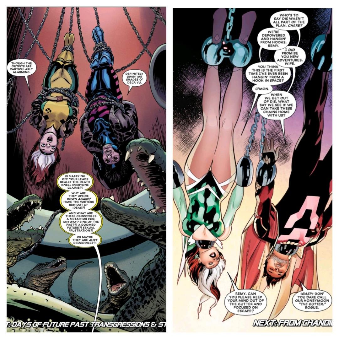 two panels of rogue and gambit tied up and hanging upside down