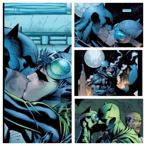 collage of Batman and Catwoman kissing
