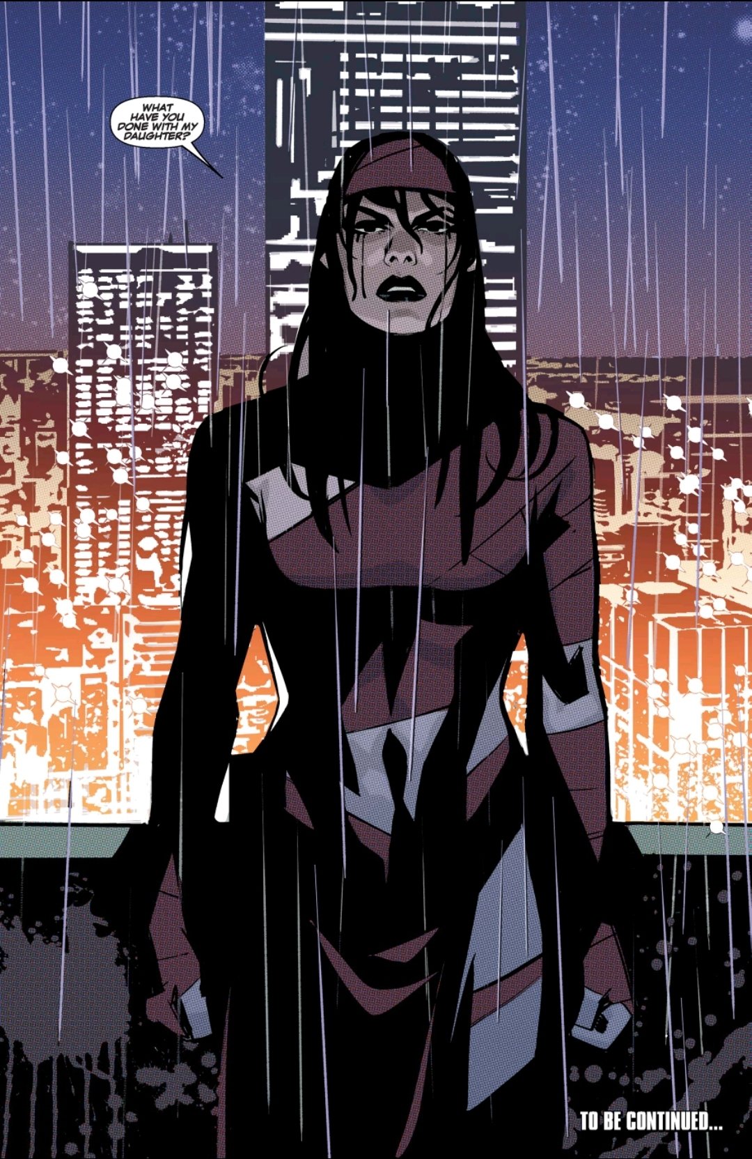 Elektra in the rain asking about her missing daughter