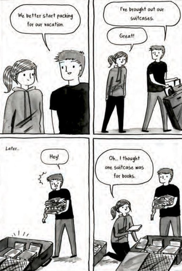 a page from book love about packing for a vacation and bringing a whole suitcase of books