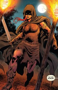 Red Sonja in tattered garb with a sword