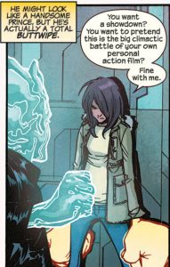 Kamala Khan about to kick a jerk's butt