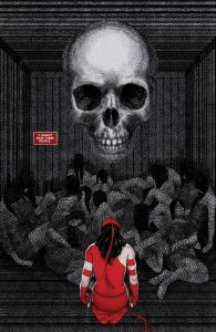 elektra kneeling in front of bodies with a skull hanging