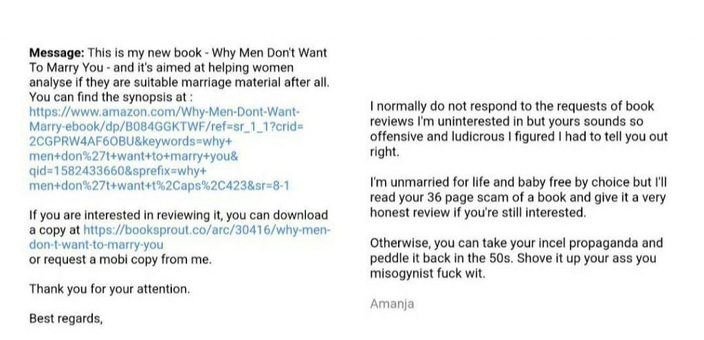 email from a misogynist and amanja's response calling him an incel fuck wit.