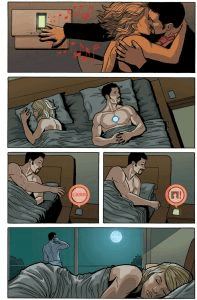 tony stark sleeping with some nameless woman while pepperr potts calls him
