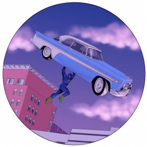 blue flying with a car