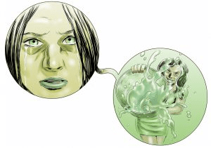 circular double panel in green, erika splashing water on annie in alter ego issue 2