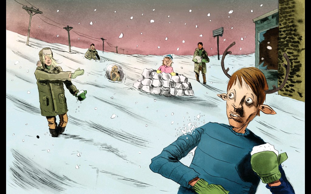 gus and the hybrids having a snowball fight