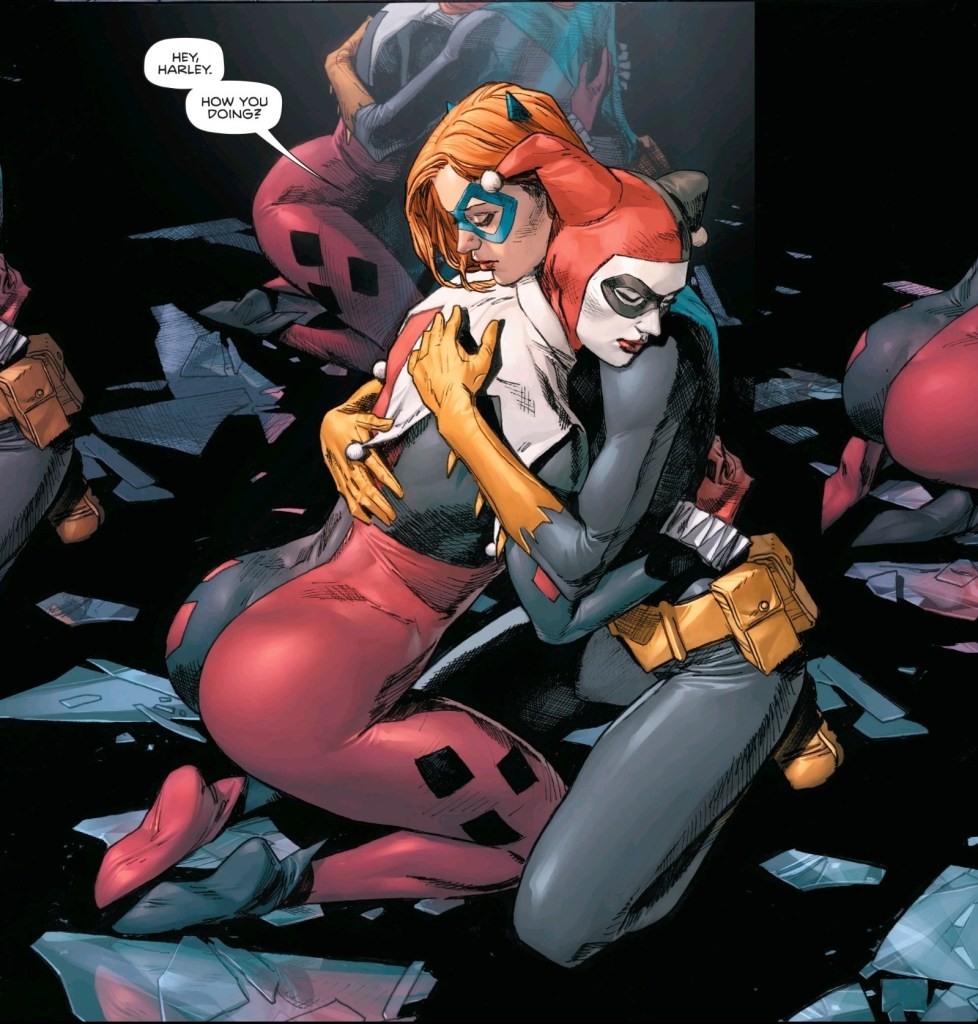 harley quinn and batgirl hugging
