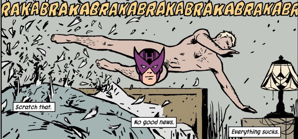 naked Clint Barton dodging bullets