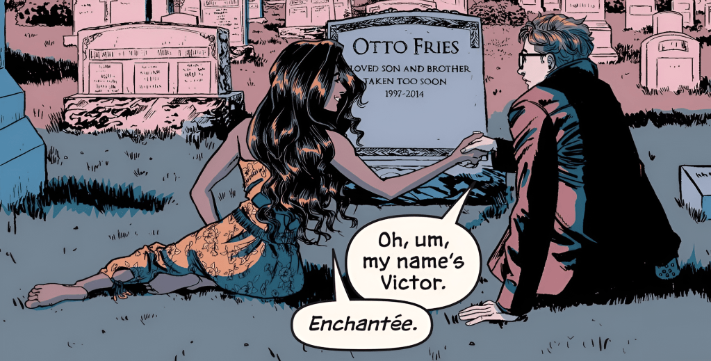 victor and nora meet in a gotham love story, fittingly at a cemetary